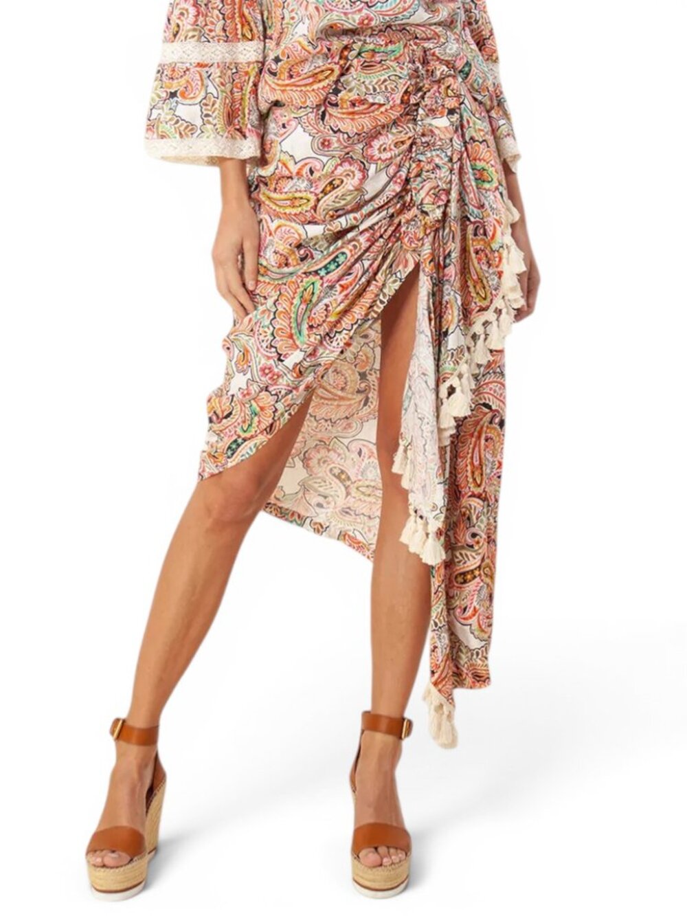 Hale Bob Venus Ivory Printed Draped Skirt Tassles Linen Wrap New NWT XS or S